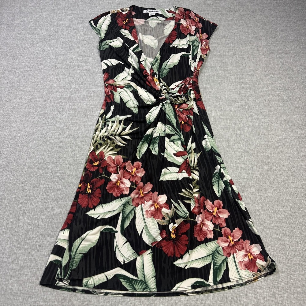 Tommy Bahama Wrap Dress Womens 2XS Black Floral Ruched Pleated V-Neck Cap Sleeve